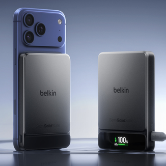 Belkin SolidState power banks charging a smartphone and laptop.